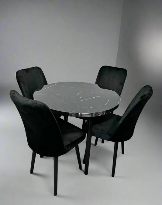 Round Wooden Dining Table With 4 Plush Velvet Wooden Chairs