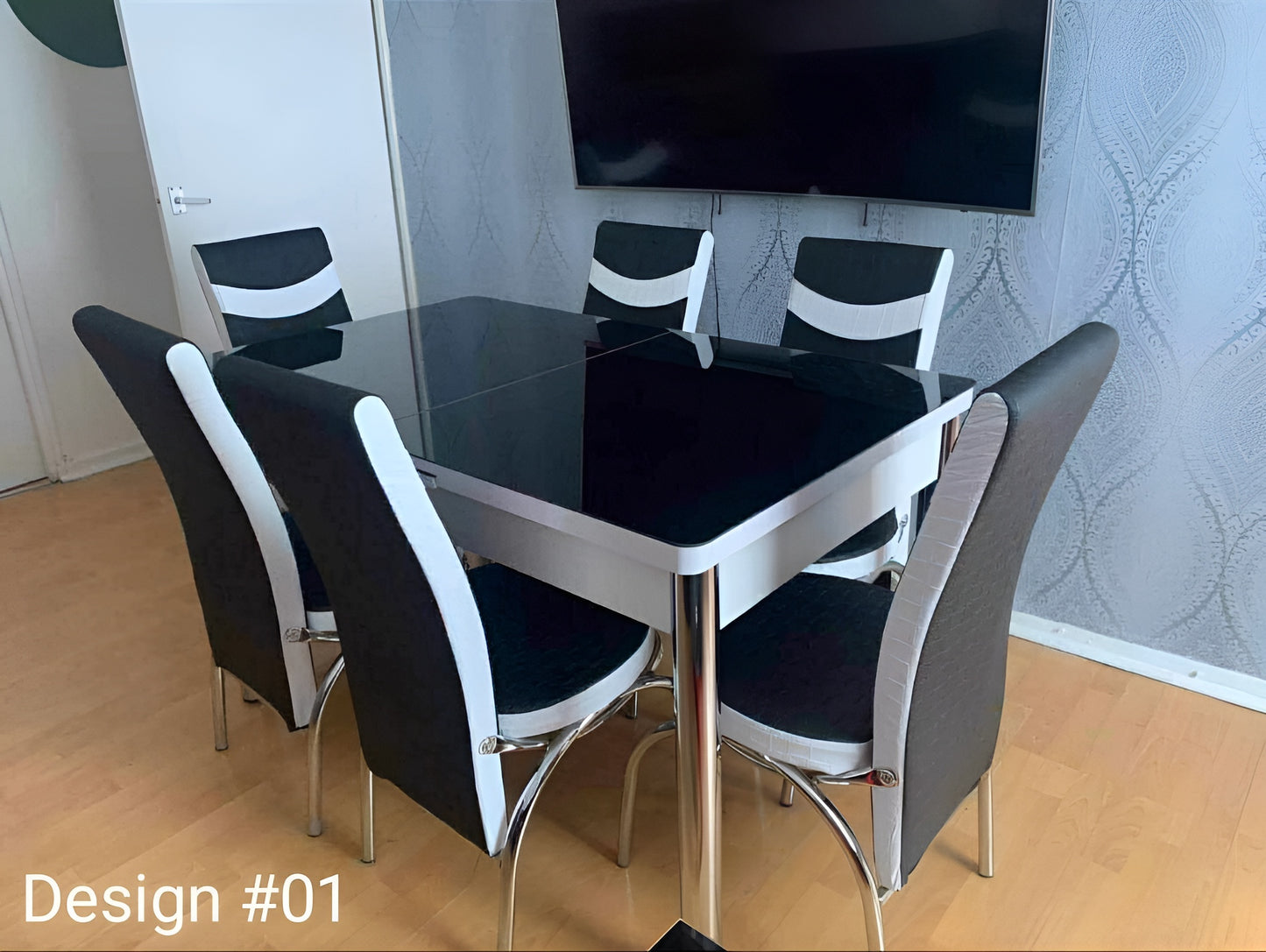 Extendable Glass And Steel Dining Table With 6 Faux Leather And Steel Chairs
