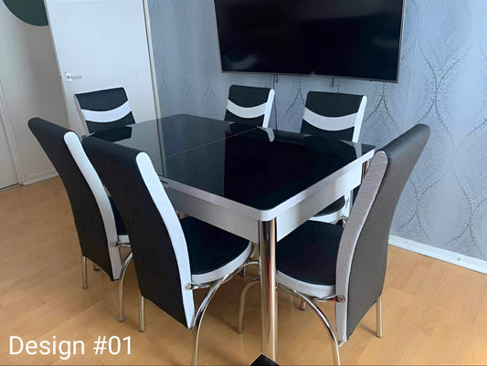 Extendable Glass And Steel Dining Table With 6 Faux Leather And Steel Chairs