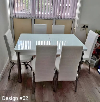 Extendable Glass And Steel Dining Table With 6 Faux Leather And Steel Chairs