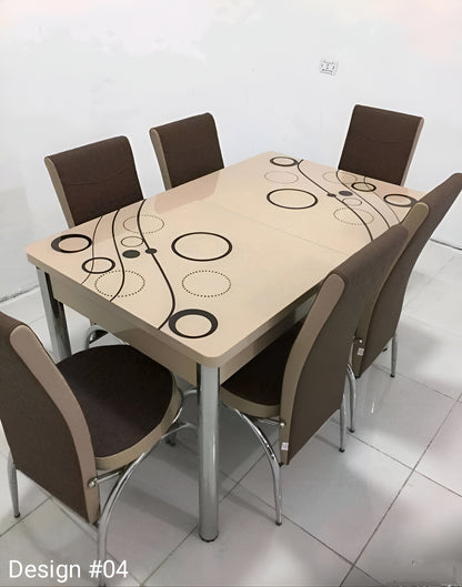Extendable Glass And Steel Dining Table With 6 Faux Leather And Steel Chairs