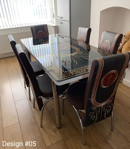 Extendable Glass And Steel Dining Table With 6 Faux Leather And Steel Chairs