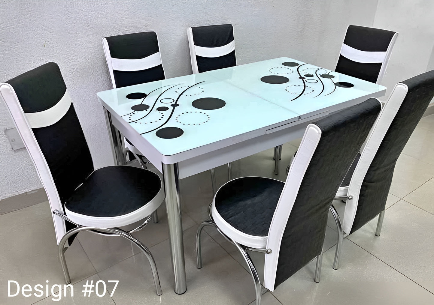 Extendable Glass And Steel Dining Table With 6 Faux Leather And Steel Chairs