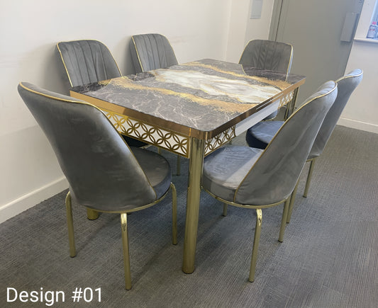 High Gloss Extendable Dining Table With 6 Plush Velvet Golden Legs Chairs