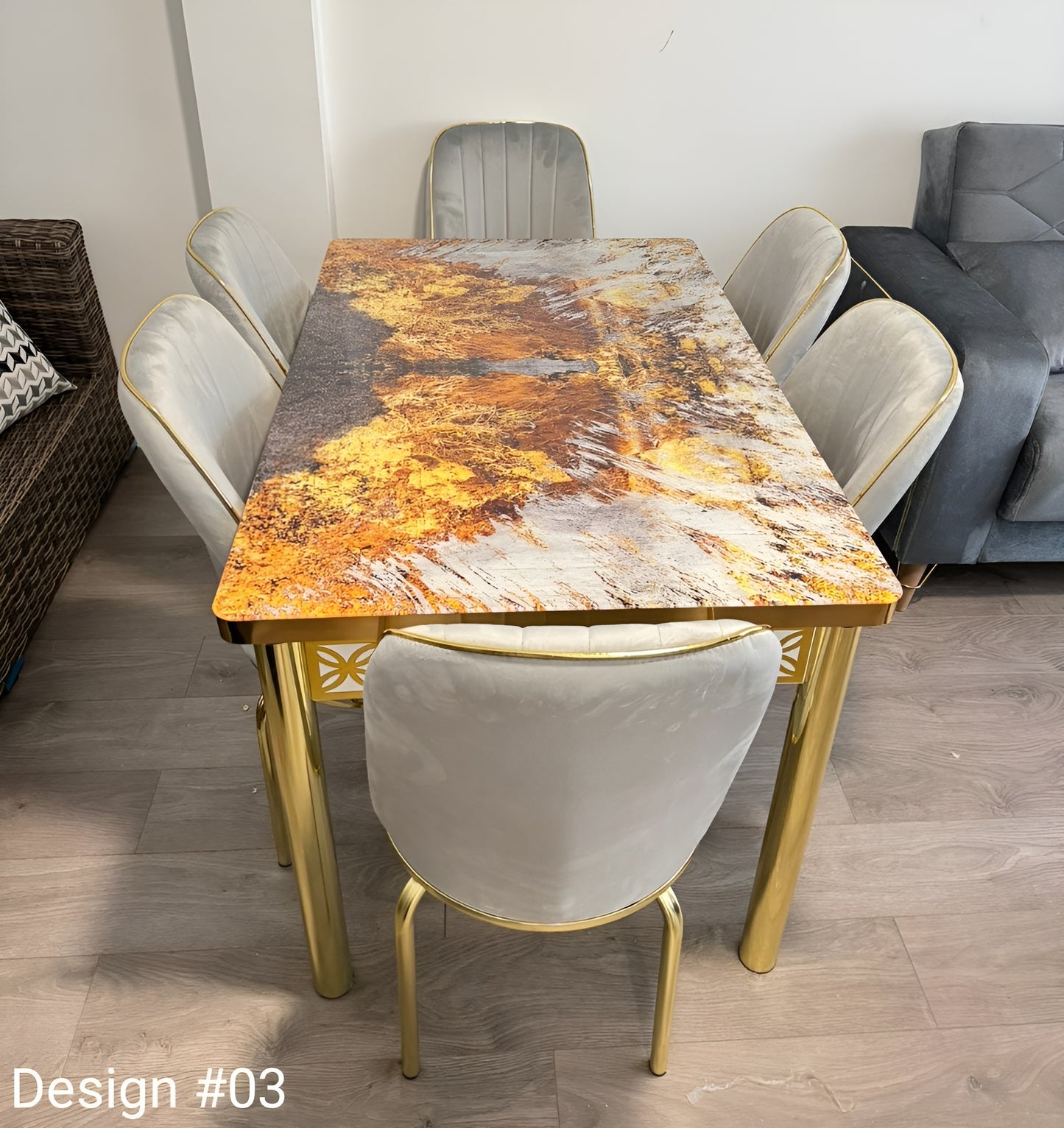 High Gloss Extendable Dining Table With 6 Plush Velvet Golden Legs Chairs