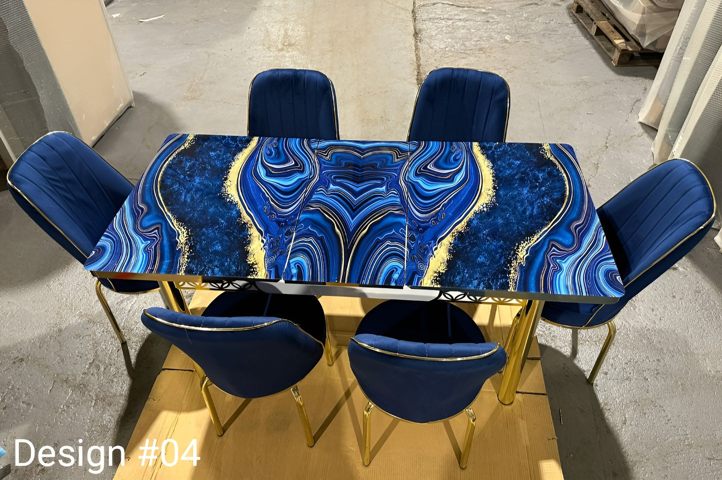 High Gloss Extendable Dining Table With 6 Plush Velvet Golden Legs Chairs