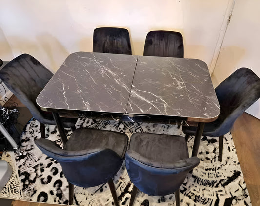 Extendable Wooden Dining Table With 6 Plush Velvet Wooden Chairs